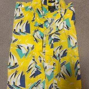 J Crew Slim Men L Short Sleeve Button Down Yellow Sail Boat